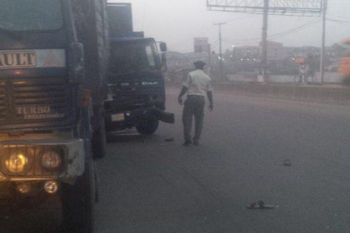 The two trucks at the scene of the accident