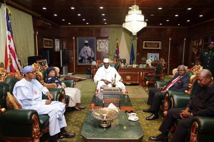 Gambia's President Yahya Jammeh receives a delegation of West African leaders including President John Mahama of Ghana and Nigeria's Muhammadu Buhari during a meeting on election crisis in Banjul, Gambia December 13, 2016 REUTERS/Stringer