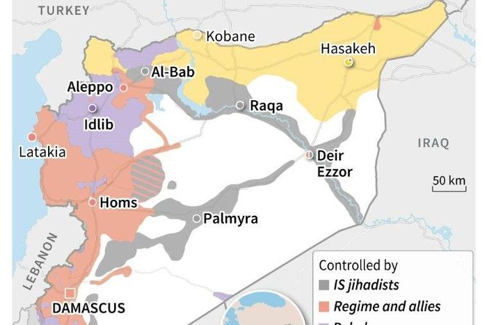Map of Syria showing which fighting force controls which area, following reports of a ceasefire