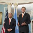 US Secretary of State John Kerry(R) and UN Secretary General Designate Antonio Guterres speak to the media prior to a meeting at the State Department in Washington, DC, November 4, 2016