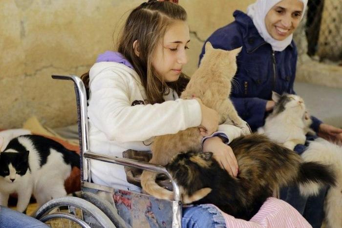 Syrian volunteers play with animals at a farm-turned-shelter run by the Syrian Team for Animal Rescue (STAR), in Sahnaya near Damascus