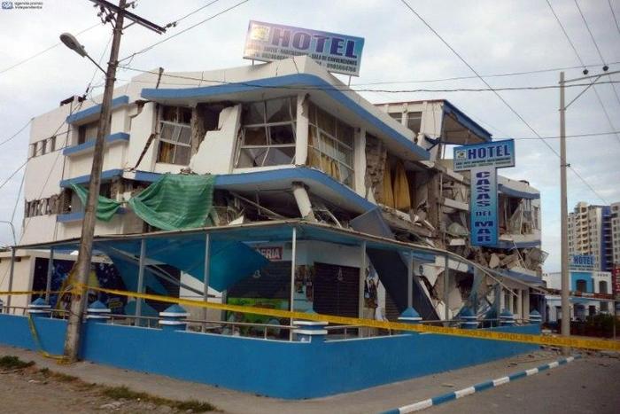 A hotel severely damaged by an earthquake in Esmeraldas, north-western Ecuador, on December 19, 2016
