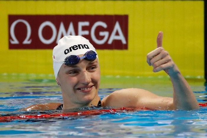 Hungary's Katinka Hosszu celebrates her victory in the 400m Individual Medley final on day one of the 13th FINA Short Course Swimming World Championships, at the WFCU Centre in Windsor, Ontario, Canada, on December 6, 2016