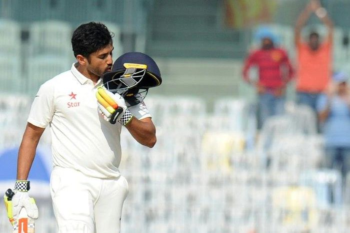 India's Karun Nair celebrates after scoring a triple century on the fourth day of the final Test against England in Chennai on December 19, 2016