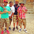 HKN Gang (Sina Rambo, Adewale Adeleke, Kamal (Davido's manager), Davido) all wearing camo shorts