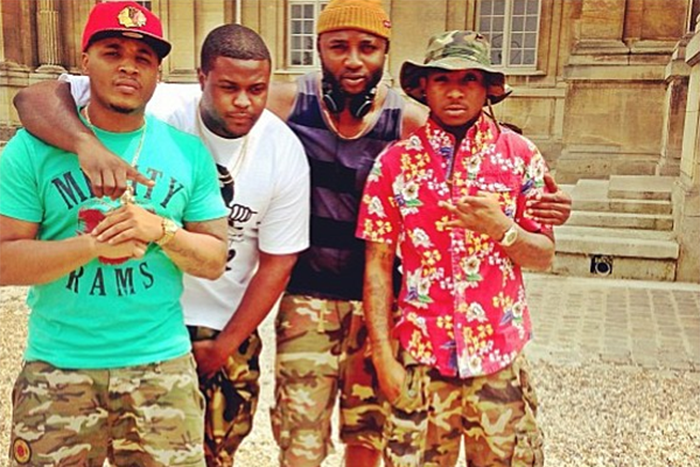 HKN Gang (Sina Rambo, Adewale Adeleke, Kamal (Davido's manager), Davido) all wearing camo shorts