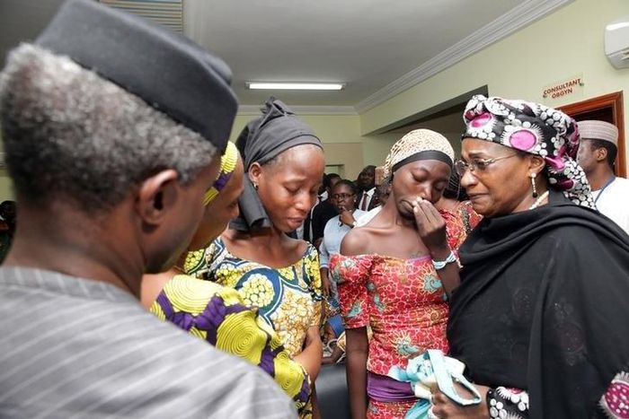 Some of the 21 Chibok school girls released are seen during a meeting with Nigeria's Vice President Yemi Osinbajo in Abuja, Nigeria, October 13, 2016.