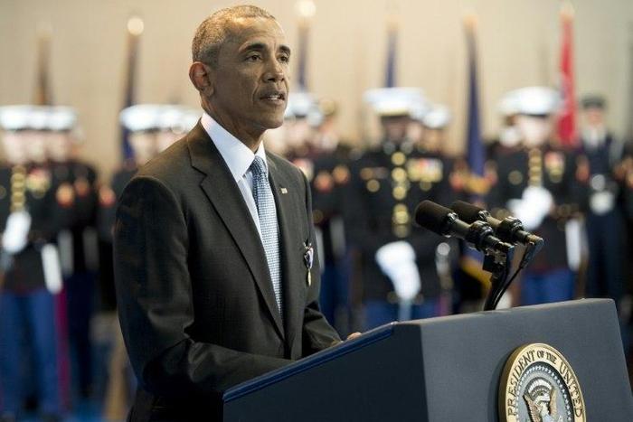 US President Barack Obama speaks during the Armed Forces Full Honor Review Farewell Ceremony for Obama at Joint Base Myers-Henderson Hall in Arlington, Virginia, on January 4, 2017