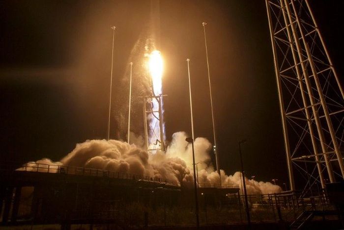 The Orbital ATK Antares rocket, with the Cygnus spacecraft onboard, takes off on October 17, 2016 at NASA's Wallops Flight Facility in Virginia