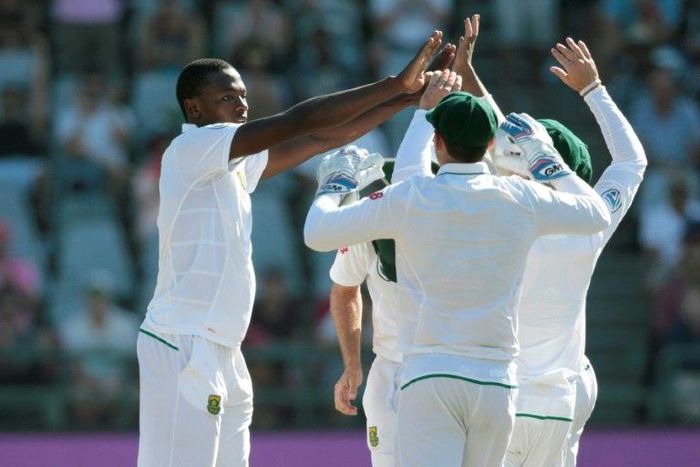 South African bowler Kagiso Rabada (L) celebrates the dismissal of a Sri Lanka batsman during the second Test cricket match at Newlands Cricket Stadium in Cape Town on January 4, 2017