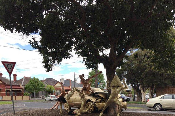 Crashed car art installation