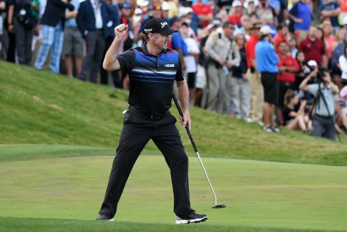 Rod Pampling of Australia celebrates after putting for birdie to win the Shriners Hospitals For Children Open on November 6, 2016 in Las Vegas, Nevada