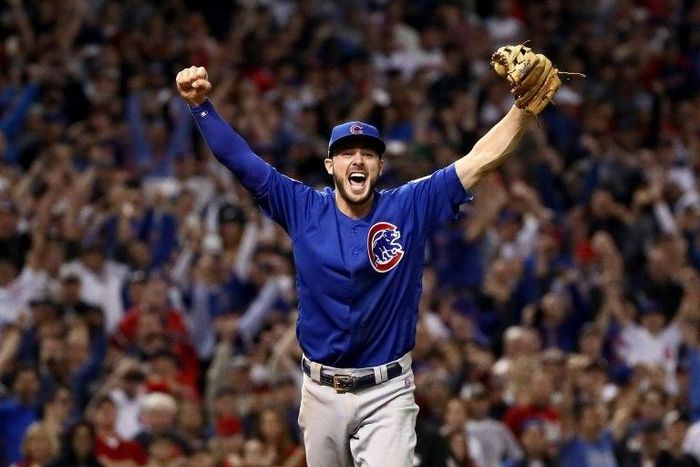 Kris Bryant of the Chicago Cubs celebrates after winning 8-7 in Game Seven of the 2016 World Series at Progressive Field on November 2, 2016 in Cleveland, Ohio