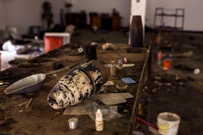 Materials used by Islamic State group members to make explosives, at the Saint George Church in Qaraqosh, 30 km east of Mosul