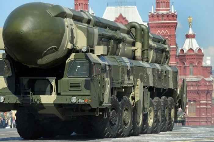 A Russian Topol-M intercontinental ballistic missile is driven through Red Square in Moscow in May 2009