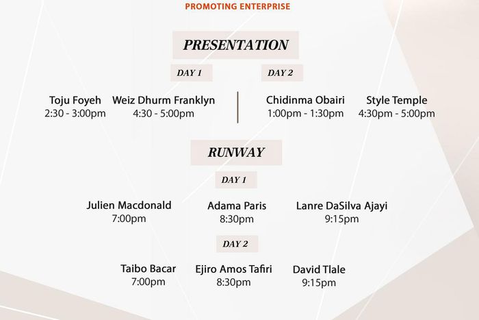 GTBank Fashion Weekend Schedule for presentation and runway shows