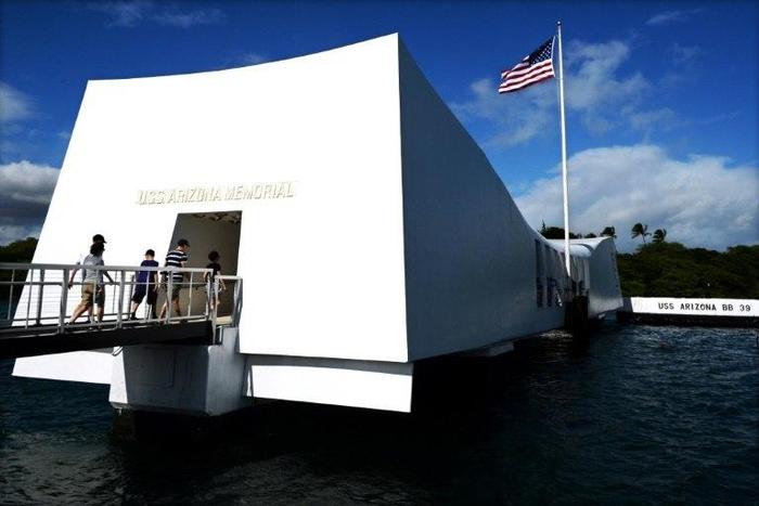 The USS Arizona Memorial, marking the resting place of the crewmen killed on December 7, 1941 when Japanese Naval Forces bombed Pearl Harbor in Hawaii