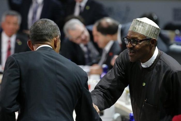 Nigeria's President Muhammadu Buhari (R) greets U.S. President Barack Obama before the start of the second plenary session of the Nuclear Security Summit in Washington April 1, 2016.