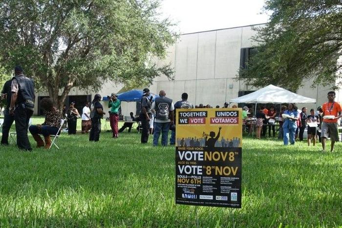 People attend an event called ?Souls to the Polls? on November 6, 2016 in Cutler Bay, Florida, which aims to encourage minority voter turnout in the key swing state of Florida