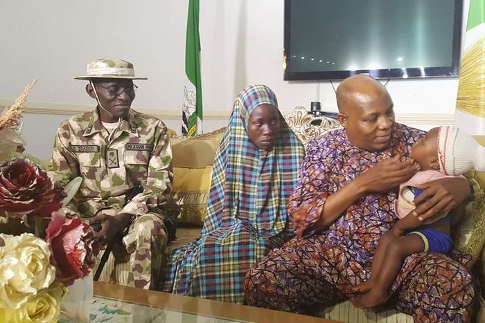 Governor Kashim Shettima receives 'rescued' Chibok schoolgirl, Rakiya Abubakar and her baby in Maiduguri