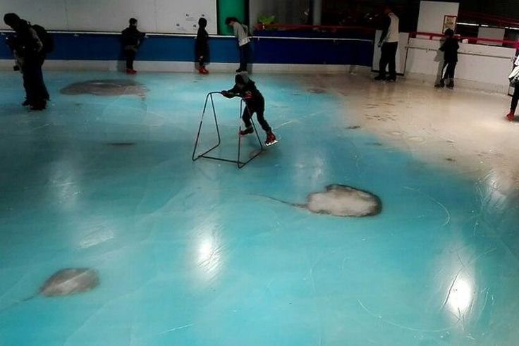 People skate on an ice rink with 5,000 frozen dead fish inside at the Space World amusement park in Kitakyushu, southwestern Japan