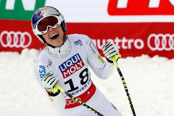 Lindsey Vonn crosses finish line in the Super-G event during the 2015 FIS Alpine World Ski Championships, in Beaver Creek, Colorado, in February 2015