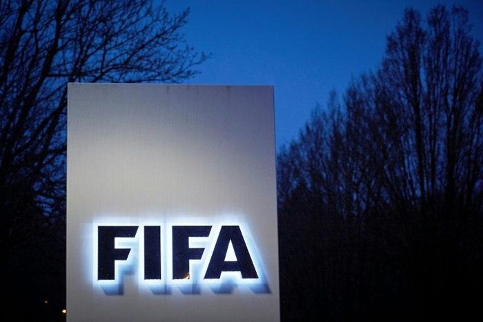 This picture taken on February 15, 2016 shows the logo of the International Federation of Association Football (FIFA) at the FIFA headquarters in Zurich