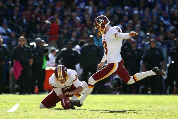 Kicker Dustin Hopkins of the Washington Redskins, in action on October 9, 2016, missed a 34-yard field goal attempt late in overtime on October 30, 2016