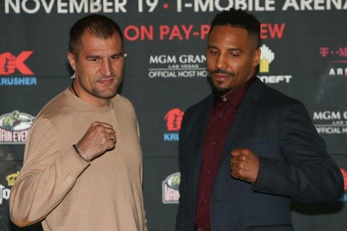 Sergey Kovalev (L) and Andre Ward square up during the press conference for the November 19 Kovalev v Ward "Pound for Pound" bout at Le Parker Meridien in Las Vegas on September 6, 2016 in New York City