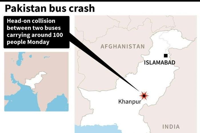 Map locating Khanpur in Pakistan where at least 27 people were killed in a head-on collision between two buses on October 17, 2016