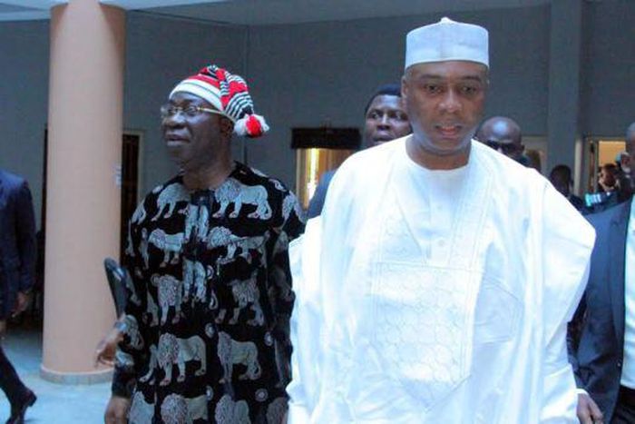 Senate President, Bukola Saraki and his deputy, Ike Ekweremadu at the Federal High Court in Abuja on June 27, 2016,