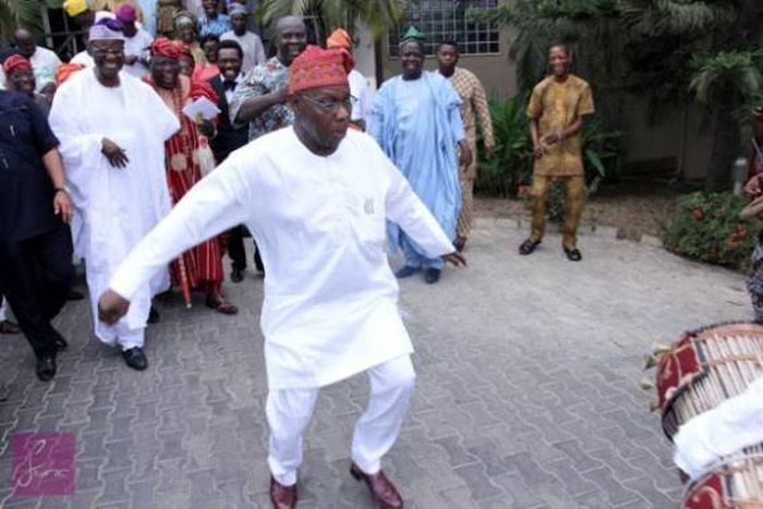 Former president, OlusegunObasanjo dances during birthday celebration on March 5, 2016