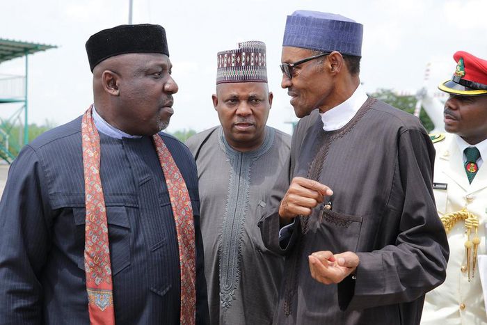 Governors Okorocha and Shettima are seen here with President Buhari in 2016