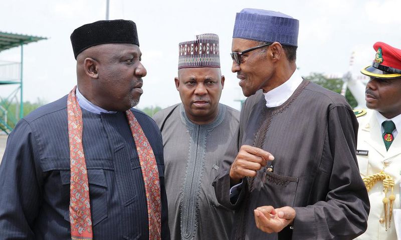 Governors Okorocha and Shettima are seen here with President Buhari in 2016