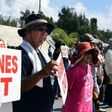 Protesters outside Camp Schwab in Nago, Okinawa prefecture, in September