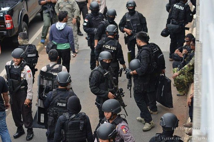 Indonesian Special Police Unit Densus 88 (Special Detachment 88) securing a bomb site in January 2016.
