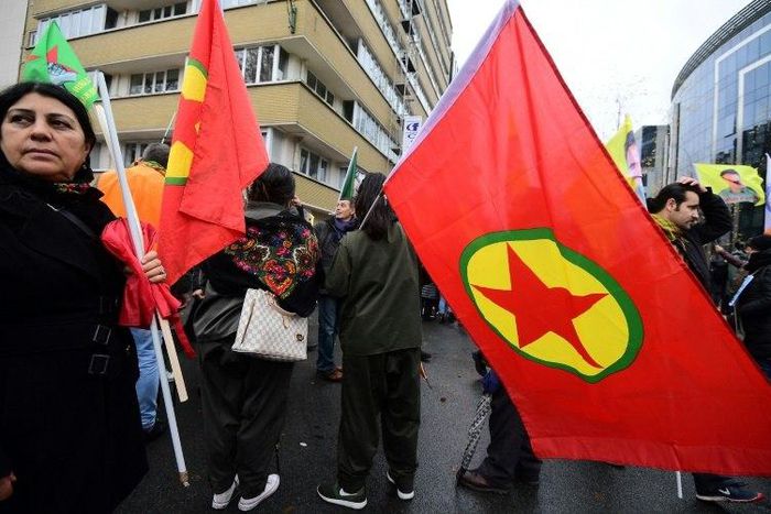 The Kurdistans Workers' Party (PKK) flag at a pro-Kurdish demonstration on November 17, 2016 in Brussels