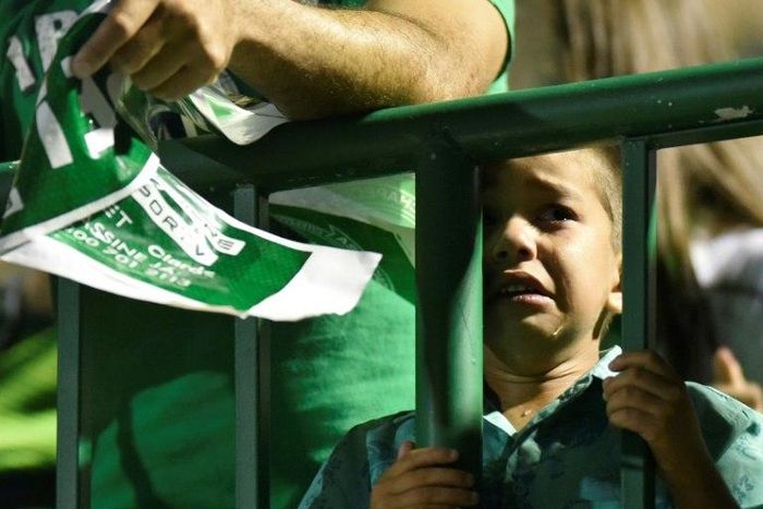 The stadium in Chapeco, southern Brazil, was a solid wall of green as fans and mourners dressed stood shoulder to shoulder to mourn team players killed in a plane crash