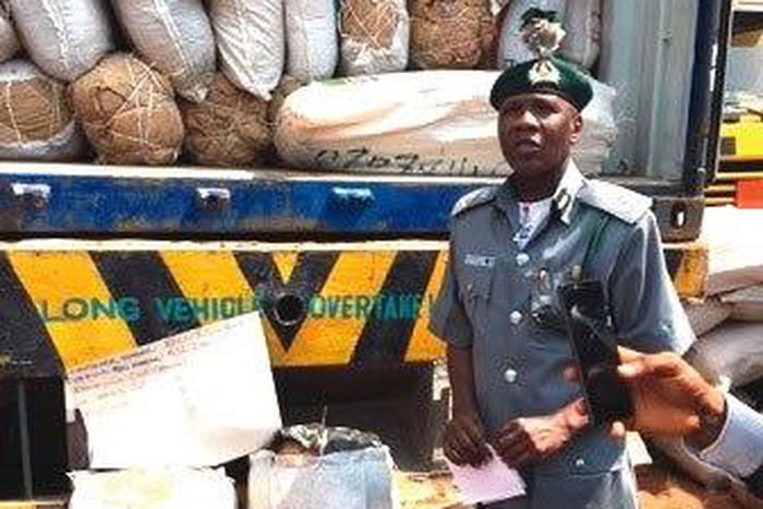 The seized goods being displayed by Mohammed Uba Garba