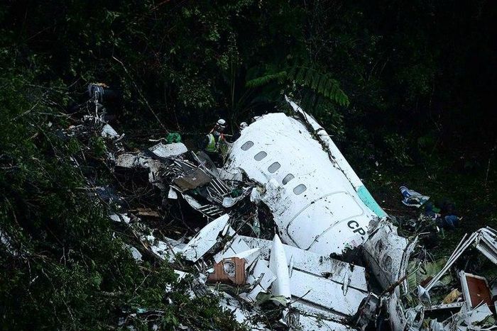 The wreckage of a plane carrying members of the Chapecoense Real football team that crashed in the mountains of Cerro Gordo, in Colombia, pictured on November 29, 2016