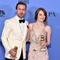 Actor Ryan Gosling (L) and actress Emma Stone pose in the press room during the 74th Annual Golden Globe Awards, at The Beverly Hilton Hotel in Beverly Hills, California, on January 8, 2017