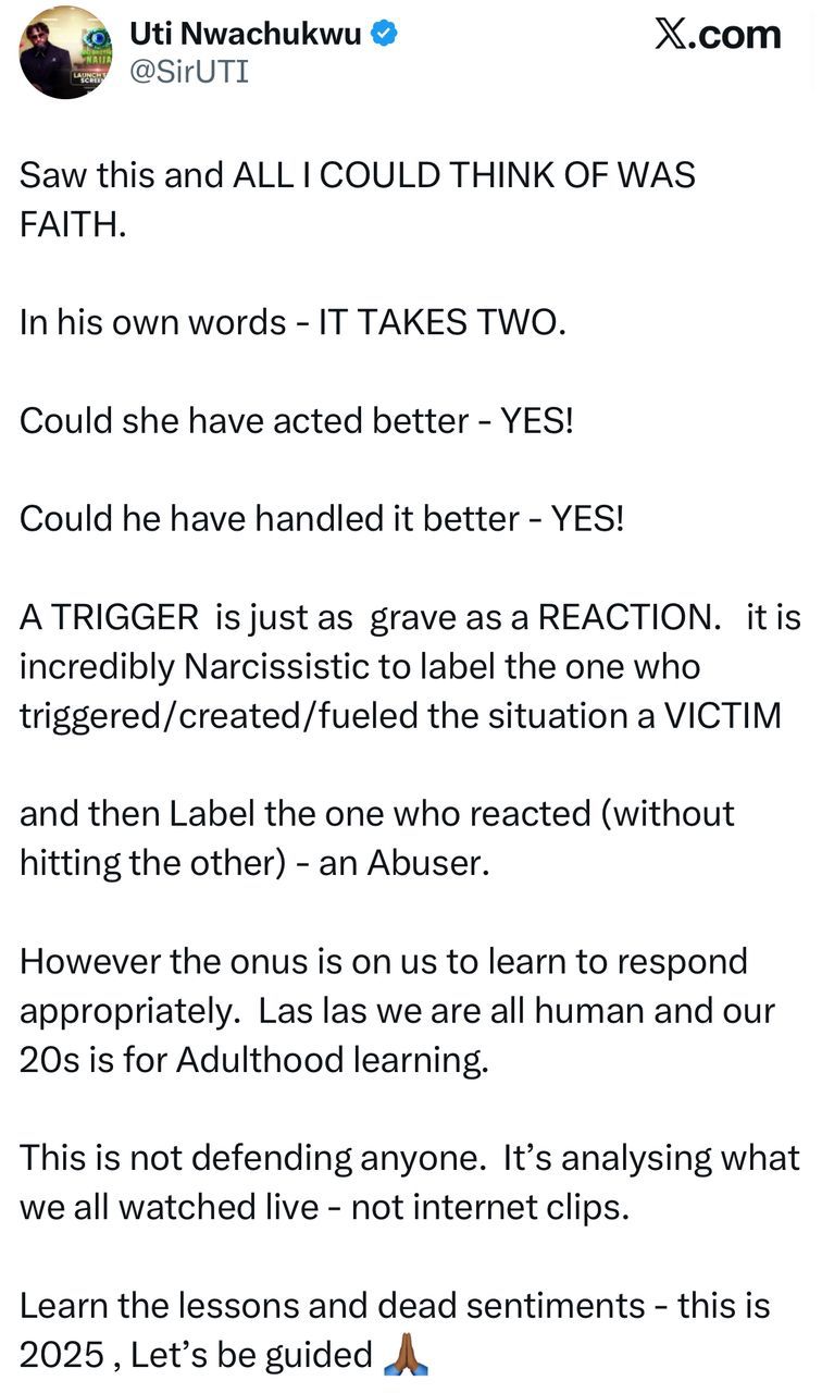 ex-BBNaija star Uti Nwachukwu shared a lengthy reflection on Faith's disqualification