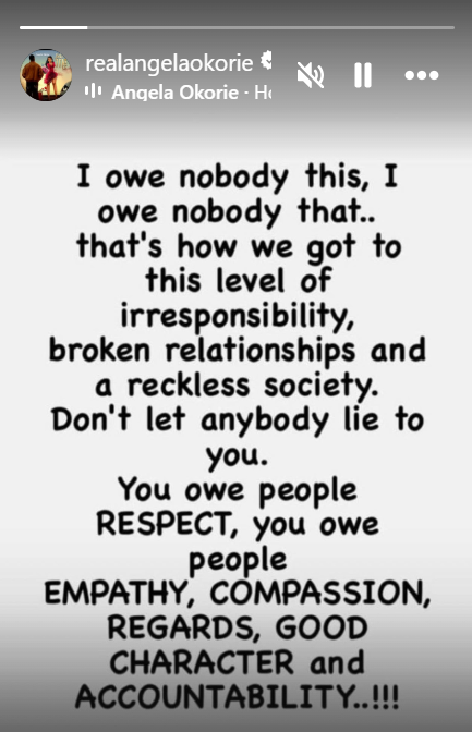 Actress Angela Okorie speaks against 'I owe nobody anything' mentality