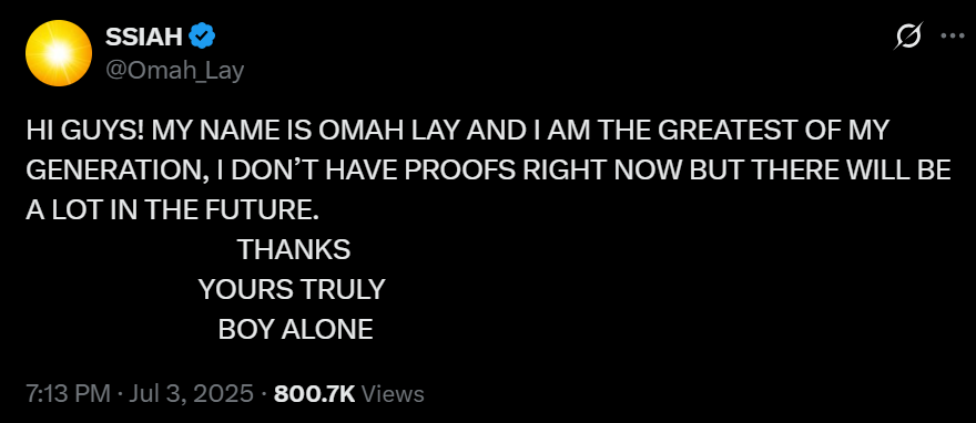 Omah Lay says he's the greatest of his generation in a X post