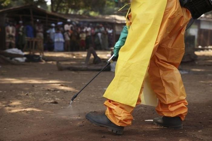 A member of the French Red Cross disinfects the area around a motionless person suspected of carrying the Ebola virus as a crowd gathers in Forecariah January 30, 2015.