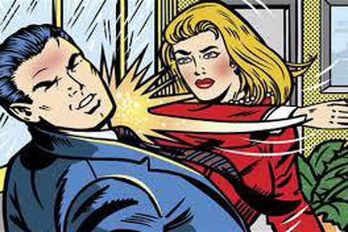 Woman beating a man.