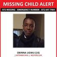 Photo of missing teenager, Obinna Ugwu and contact information