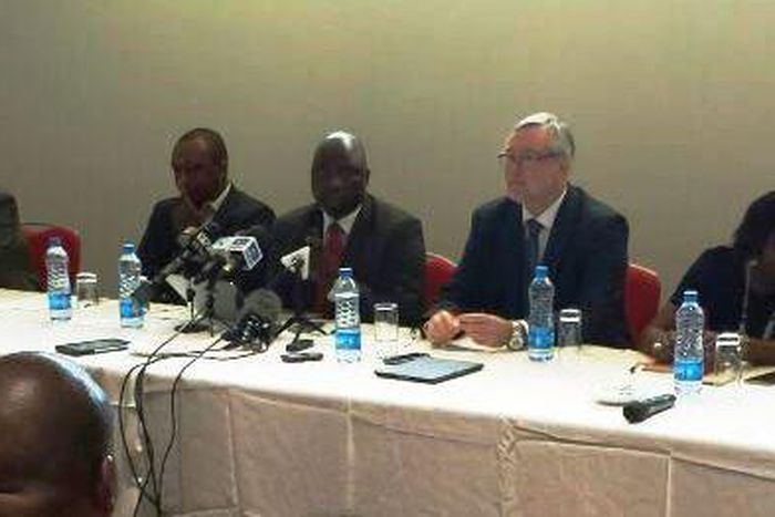 L-R: Ibadan Disco CEO, Ikeja Disco CEO, Sunday Oduntan, Abuja Disco CEO, members of the Association of the Nigerian Electricity Distributors.