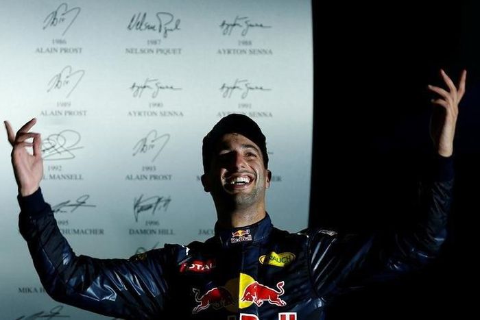 Red Bull's Daniel Ricciardo of Australia celebrates second place.