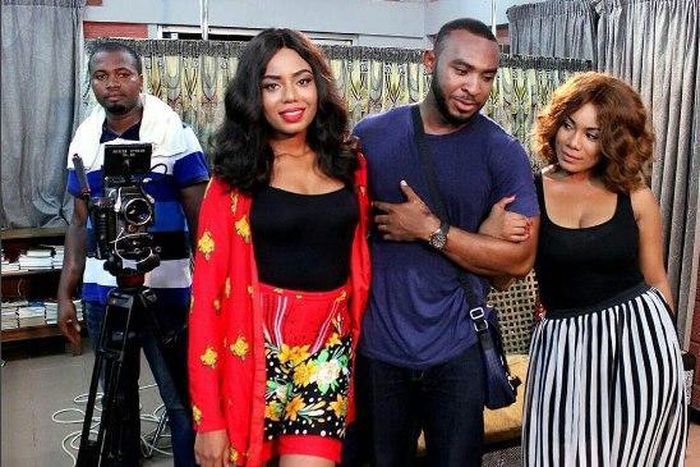 Nancy Isime, Enyinna Nwigwe, Zynnell Zuh on set of "Hire a Man"